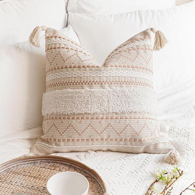 BlissBlush Decorative Throw Pillow Cover 20x20 Square Cream Neutral White Boho Accent Pillowcase Tassels Farmhouse Cushion for Couch Sofa Bedroom Living Room Home Décor (Cover ONLY, Pack of 1)