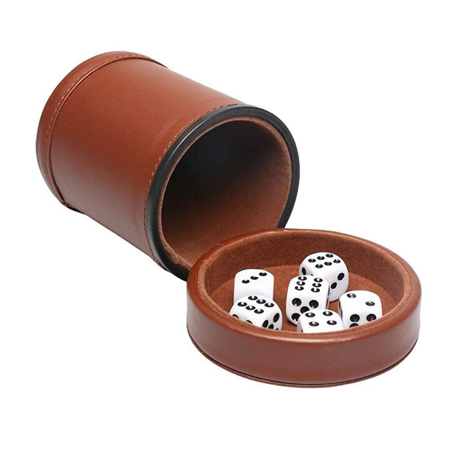 RERIVER Leather Dice Cup Set with Lid Dark Brown Felt Lining Quiet Shaker Cup Includes 6 Dot Dice for Liars Dice Farkle Yahtzee Board Games, 1 Pack