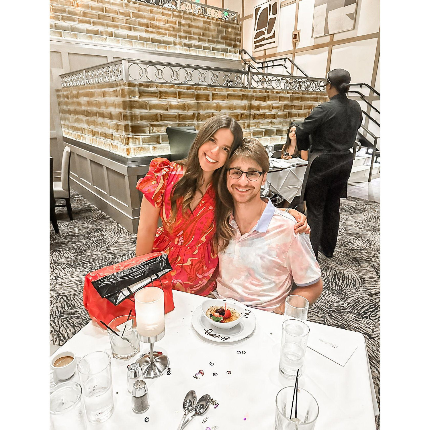 Zach's 27th birthday dinner. Emerson later wore this dress for their proposal!