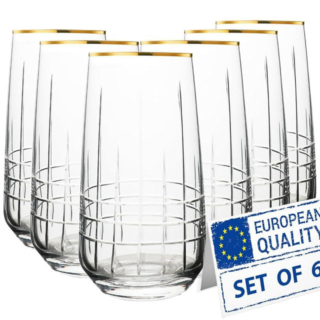 Biandeco Gold Rim Drinking Glasses | Set of 6 | Handmade Crystal Cut Tall Highball Glass Cups, Glassware for Cocktail, Long Drink, Water, Juice, Ice Tea, Mojito, 16 oz