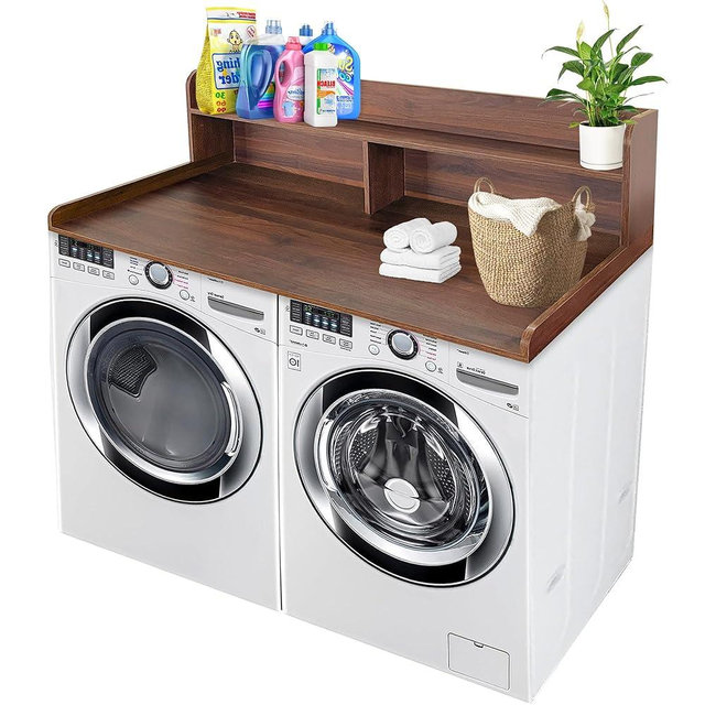 Royxen Laundry Countertop with Storage Universal Fit, Washer and Dryer Countertop with Shelf, Laundry Room Storage, 2-Tier Shelf (Walnut)