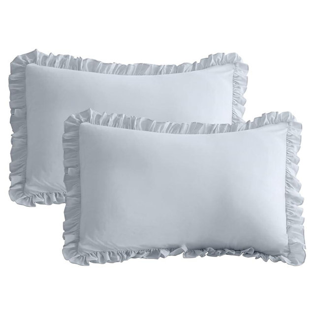 QSH Light Blue Ruffled Pillow Shams Queen Size Set of 2, Shabby Farmhouse Pillow Cases 20"x30", Boho Chic Bedding Pillow Covers Queen Ultra Soft and Breathable Microfiber Pillow Sham