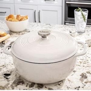 Lodge 6 Quart Enameled Cast Iron Dutch Oven with Lid – Dual Handles, Oven Safe up to 500°F, Stovetop Compatible – Marinate, Cook, Bake, Refrigerate & Serve – Oyster White