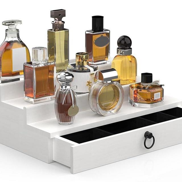 upcessory Cologne Organizer for Men, 3 Tier Wood Perfume Organizer with Felt Lining Drawer and Hidden Compartment, White Perfume Display Holder, A Gift for Men