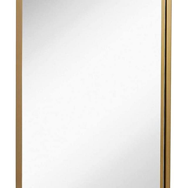 Hamilton Hills Contemporary Brushed Metal Wall Mirror | Glass Panel Gold Framed Rounded Corner Deep Set Design | Mirrored Rectangle Hangs Horizontal or Vertical (24" x 36")
