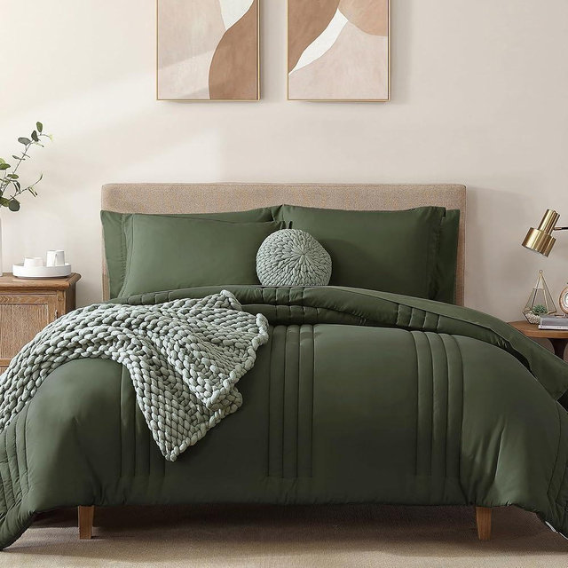 Monbix Oversized Queen Size Comforter Set - 7 Pieces Bed in a Bag, Olive Green Bedding Sets with Comforter, All Seasons Comforter Bed Set with Sheets, Pillowcases & Shams