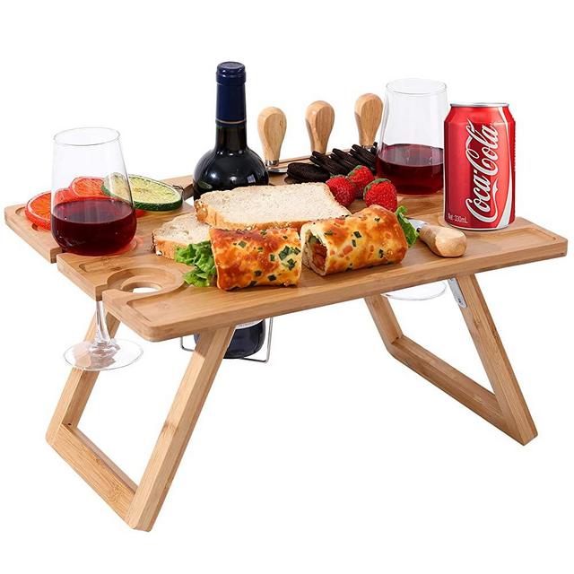 Ollieroo Portable Wine Picnic Table, Foldable Bamboo Snack Table with Wine Bottle and Glass Holder for 2 or 4