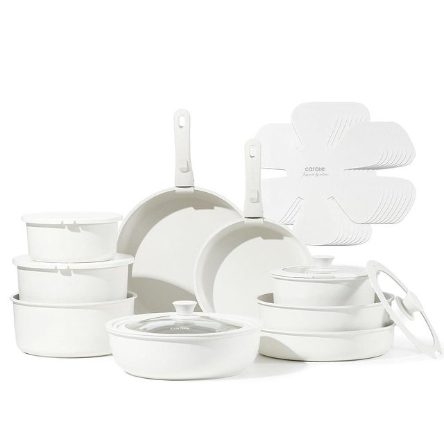CAROTE 24pcs Detachable Handle Pots and Pan Set, Nonstick Induction Cookware, Removable Handle, RV Oven Safe Cookware, Kitchen Cookware Set Non Stick, Cream White