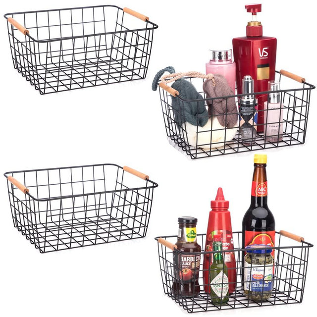 LeleCAT Wire Baskets with Wooden Handles, Wire Storage Organizer Baskets , Household Refrigerator for Cabinets, Pantry, Closets, Bedrooms - Set of 4（Black)