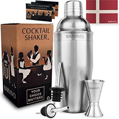 Barvivo Professional Cocktail Shaker Set w/a Double Jigger & 2 Liquor Pourers 24oz Martini Mixer Made of Brushed Stainless Steel Perfect for Mixing Margarita, Manhattan & Other Drinks at Home.