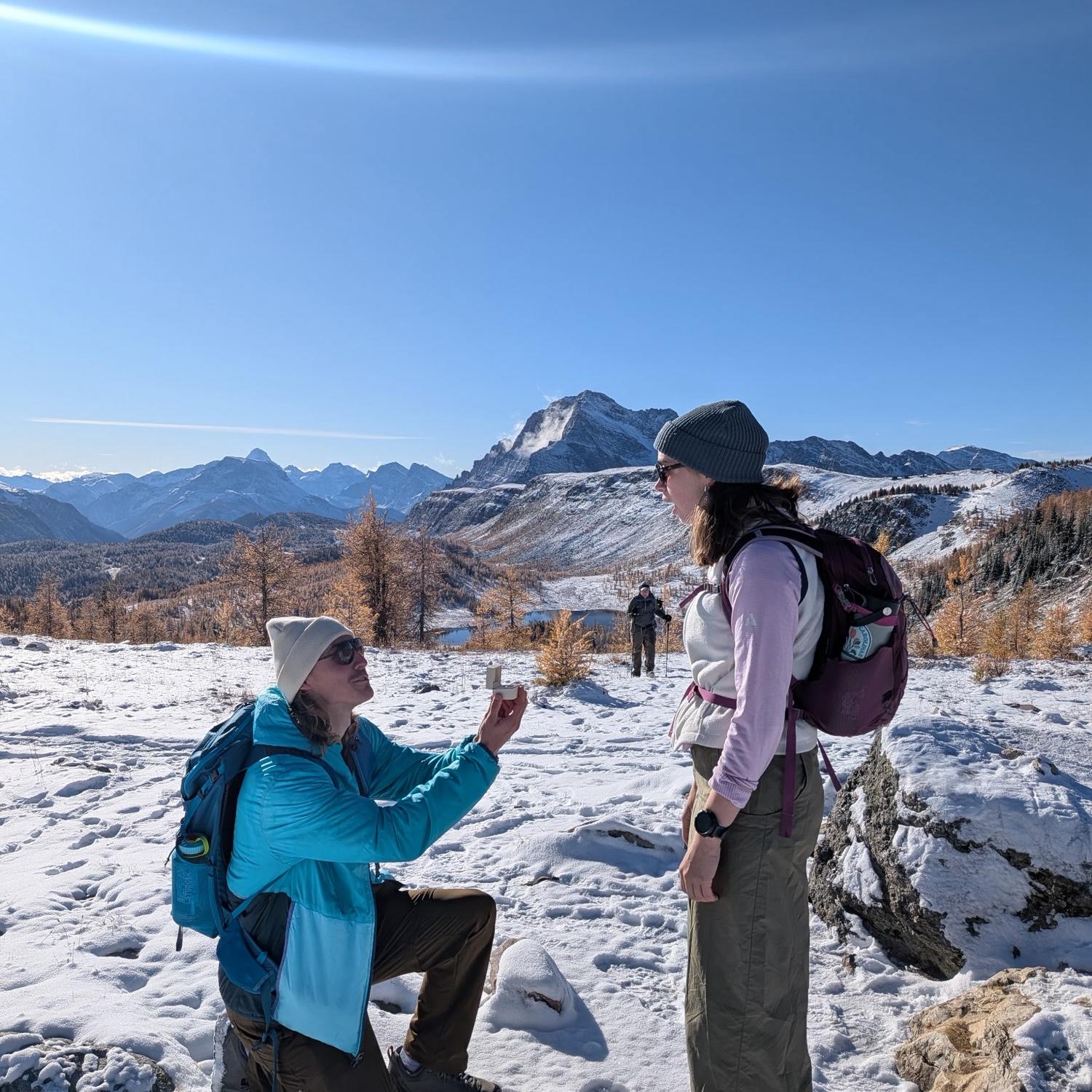 Logan proposed to Meg on a hike in Banff with their friends Claire and Luc (who were great at keeping a secret).