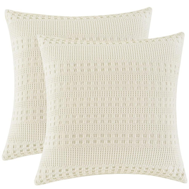 PHF 100% Cotton Waffle Weave Euro Sham Covers, 2 Pack 26" x 26" Bed Pillow Covers for Elegant Home Decor, No Filling, Luxury Aesthetic Soft Euro Pillow Cases for Bed, Ivory
