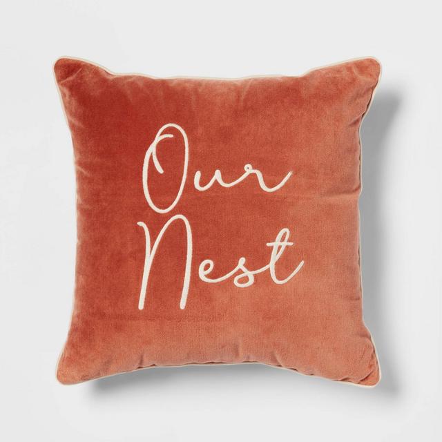 Velvet Embroidered 'Our Nest' Square Throw Pillow Orange - Threshold™