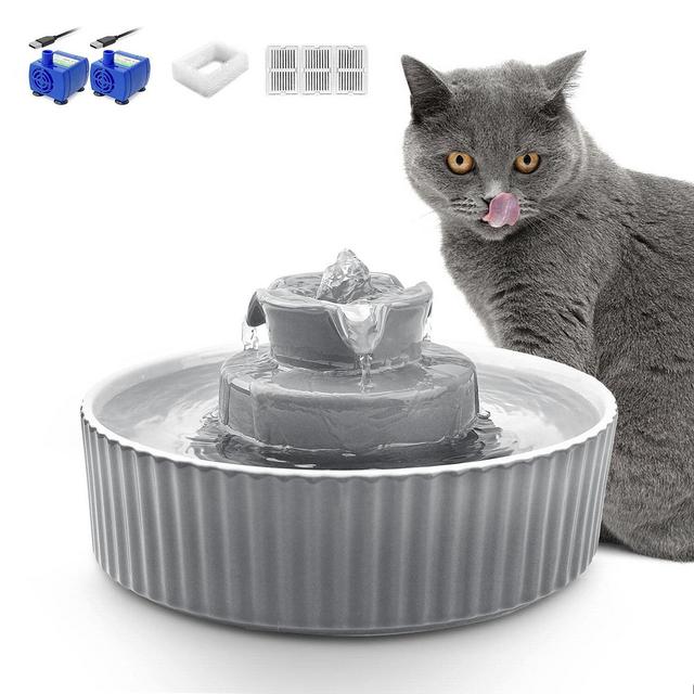 NautyPaws Ceramic Cat Water Fountain, Ceramic Pet Fountain, 2.1 L Drinking Fountains Bowl for Cats and Dogs with Replacement Filters and Foam(Grey)