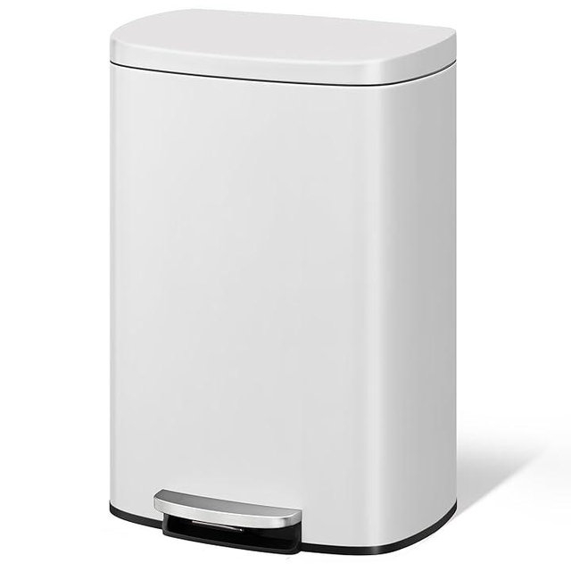 Garvee 13 Gallon / 50 Liter Metal Kitchen Trash Can with Lid, Large Rustproof Garbage Can for Kitchen, Step-on Trash Bin with Inner Bucket, Rear Handle, Soft Close Lid, White