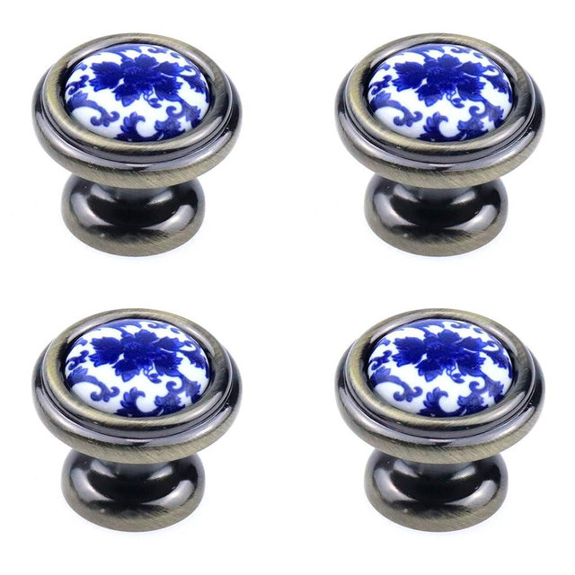 MY MIRONEY 1.26" Dia Blue and White Porcelain Knobs Antique Bronze Blue Floral Decorative Drawer Knobs Chinese Style Ceramic Knobs Hardware Cabinet Pulls with Screws Pack of 4