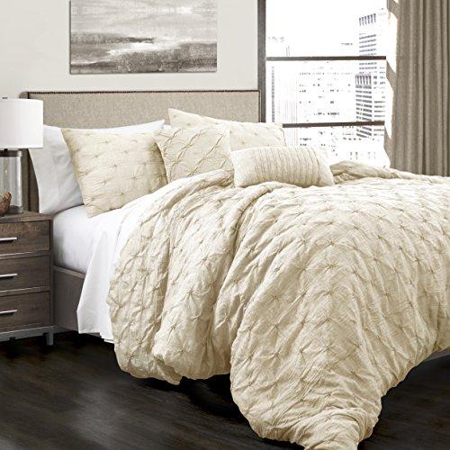 Lush Decor Ravello Shabby Chic Style Pintuck Ivory 5 Piece Comforter Set with Pillow Shams, Full/Queen