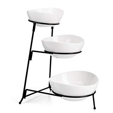 Sweese 736.101 3 Tier Oval Bowl Set with Sturdier Metal Rack, Tiered Serving Stand, Chip and Dip Serving Set -Serving Bowls for Parties