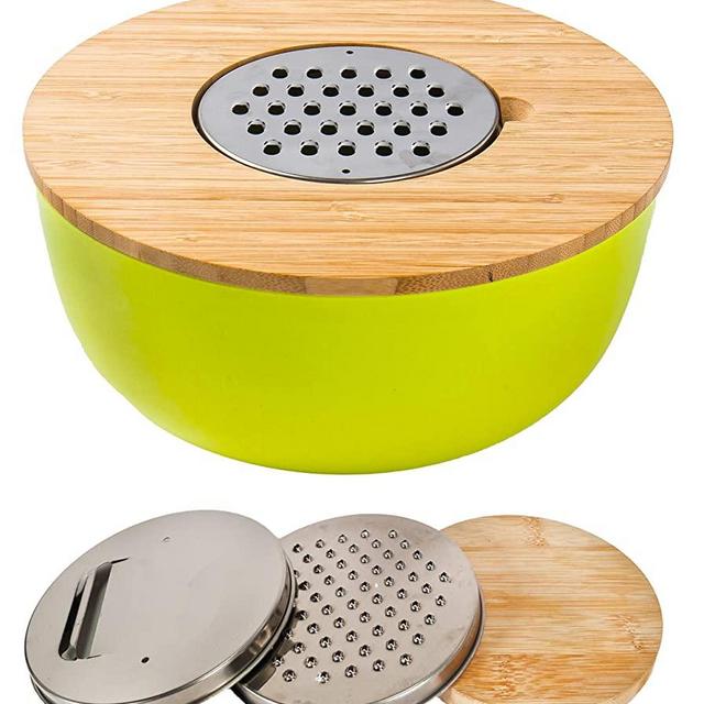 Multi-Purpose Bamboo Mixing Bowl Set with 3 Grater Attachments & Serving Tray - Mix, Grate & Serve! - 6-Piece Salad Bowl with Wooden Lid & 3 Interchangeable Grater Inserts (4Qtz)