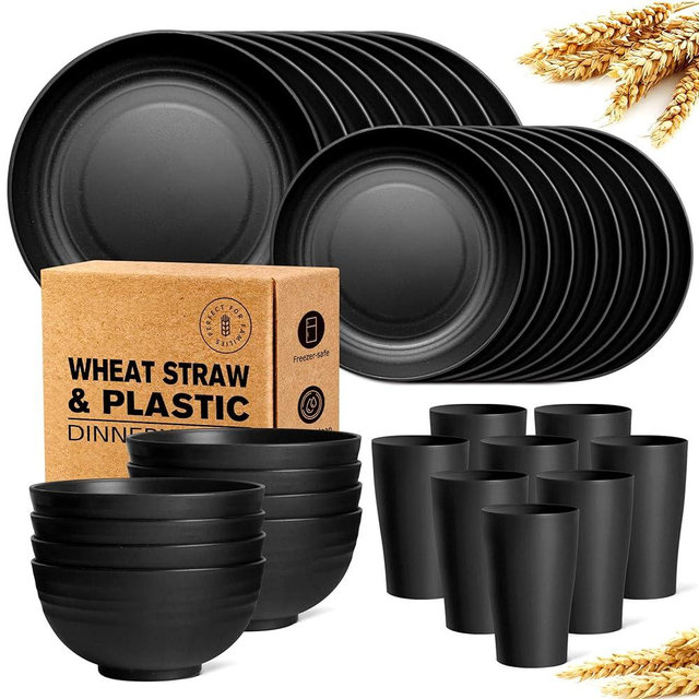 Teivio 32-Piece Kitchen Plastic Wheat Straw Dinnerware Set, Service for 8, Dinner Plates, Dessert Plate, Cereal Bowls, Cups, Unbreakable Plastic Outdoor Camping Dishes, Black Matte