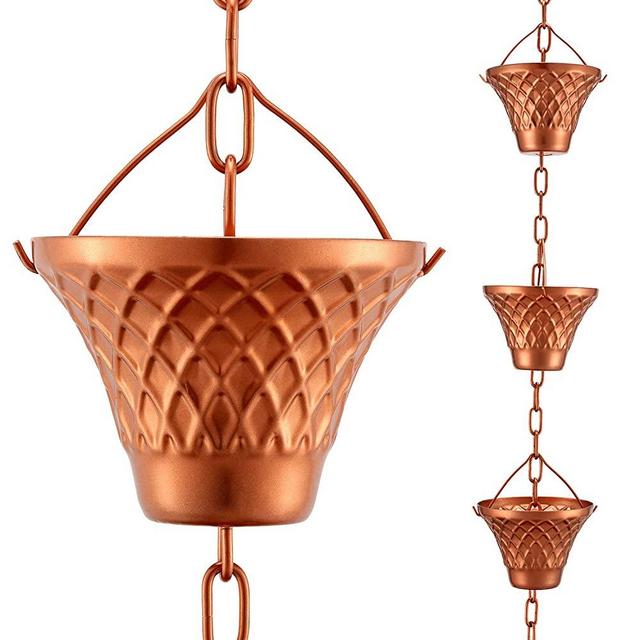 OAK LEAF Rain Chain Set, 8.5ft Copper Plated Rain Chain for Gutters with Adapter, Lattice Rain Chain Cups to Replace Gutter Downspout, Divert Water and Home Display, 12 Cups, Adjustable, Rose Gold