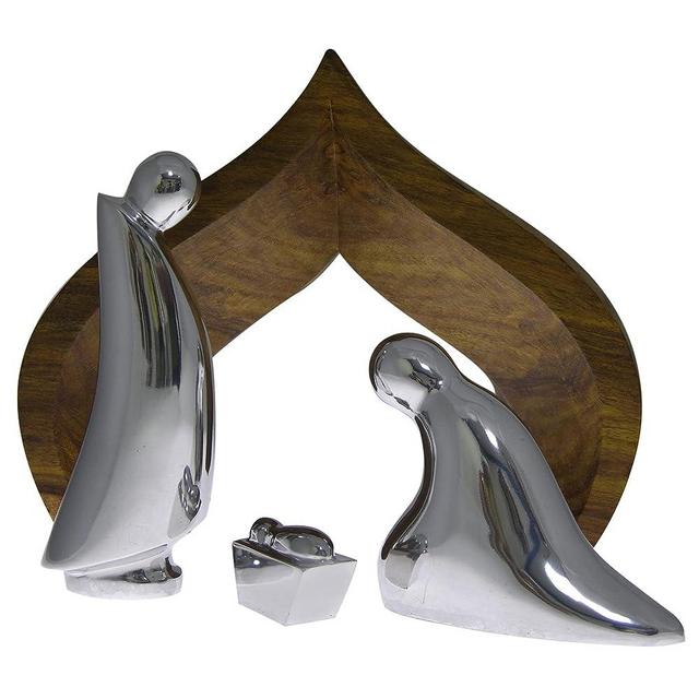Nambe Nativity Scene Figurines and Wooden Creche | 4 Piece Christmas Figurine Set | Acacia Wood Creche with Mary, Joseph, and Baby Jesus in Nambe Alloy | Designed by Todd Weber