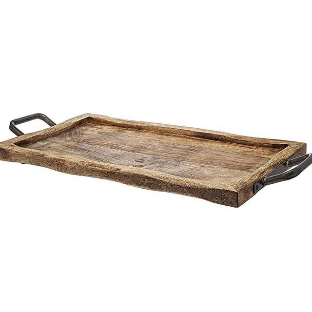 Godinger Mango Wood Serving Tray, Charcuterie Platter Cheese Board with Metal Handles - 25 inch