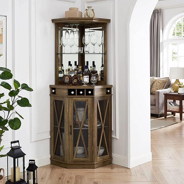 Home Source Corner Bar Unit in Reclaimed Barnwood Finish with Built-in Wine Rack and Lower Cabinet