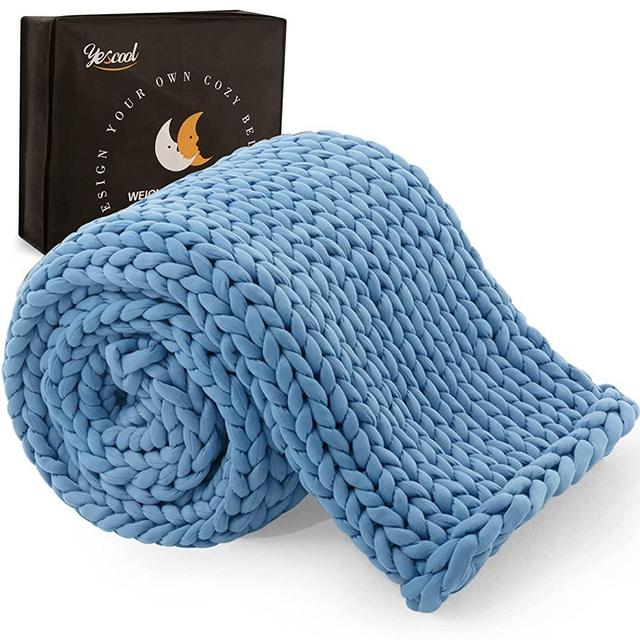 Yescool Knitted Weighted Blanket 20Ibs Cooling Hand Woven Chunky Knit Heavy Blanket Evenly Weighted Throw for Stress, Sleep or Home Décor, No Fillers, Breathable, Soft & Calming （Blue, 60''x80''）