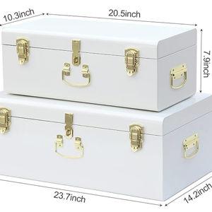 Vixdonos Decorative Metal Box Storage Trunks Set of 2 College Dorm Chest with Lock Hole,23.7X14.2X9.5 Inches(White)