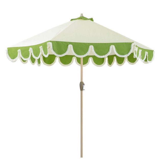 Tempera 9ft Scalloped Patio Umbrellas with Fringe, Market Umbrellas with Water-Resistant and Fade Resistant Canopy, 1.5" Wood Pole & Button Tilt,Green Beige Spliced
