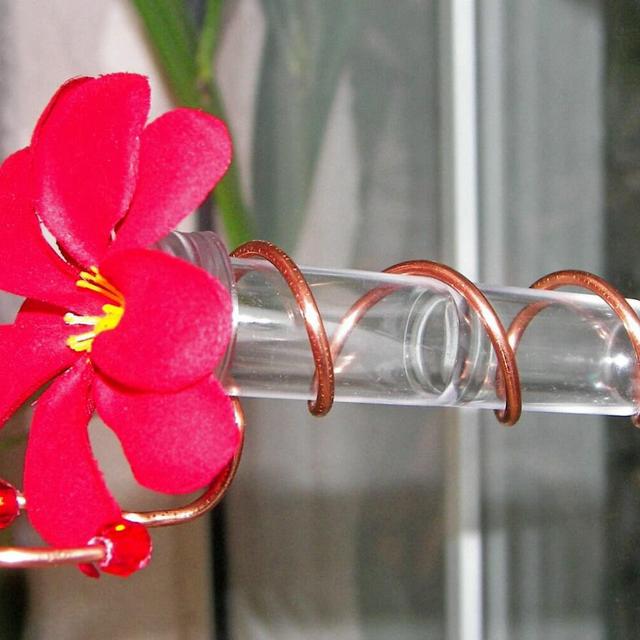 HANDCRAFTED Copper Window Mount Hummingbird Feeder Realistic Plumeria Flower