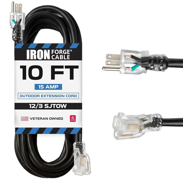 Iron Forge Cable 12 Gauge Extension Cord 10 Ft, SJTOW 12/3 Heavy Duty Extension Cord 3 Prong 10 Foot, Oil Resistant & Flame Retardant Black Electrical Cable, Lighted End for Farm & Workshop - 15 AMP