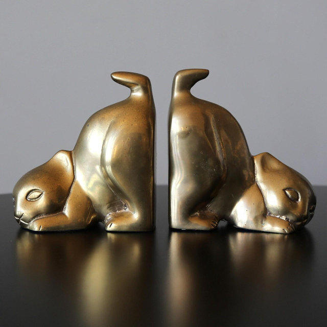 Vintage Brass Cat Bookends Sleeping Cats with Upturned Tails
