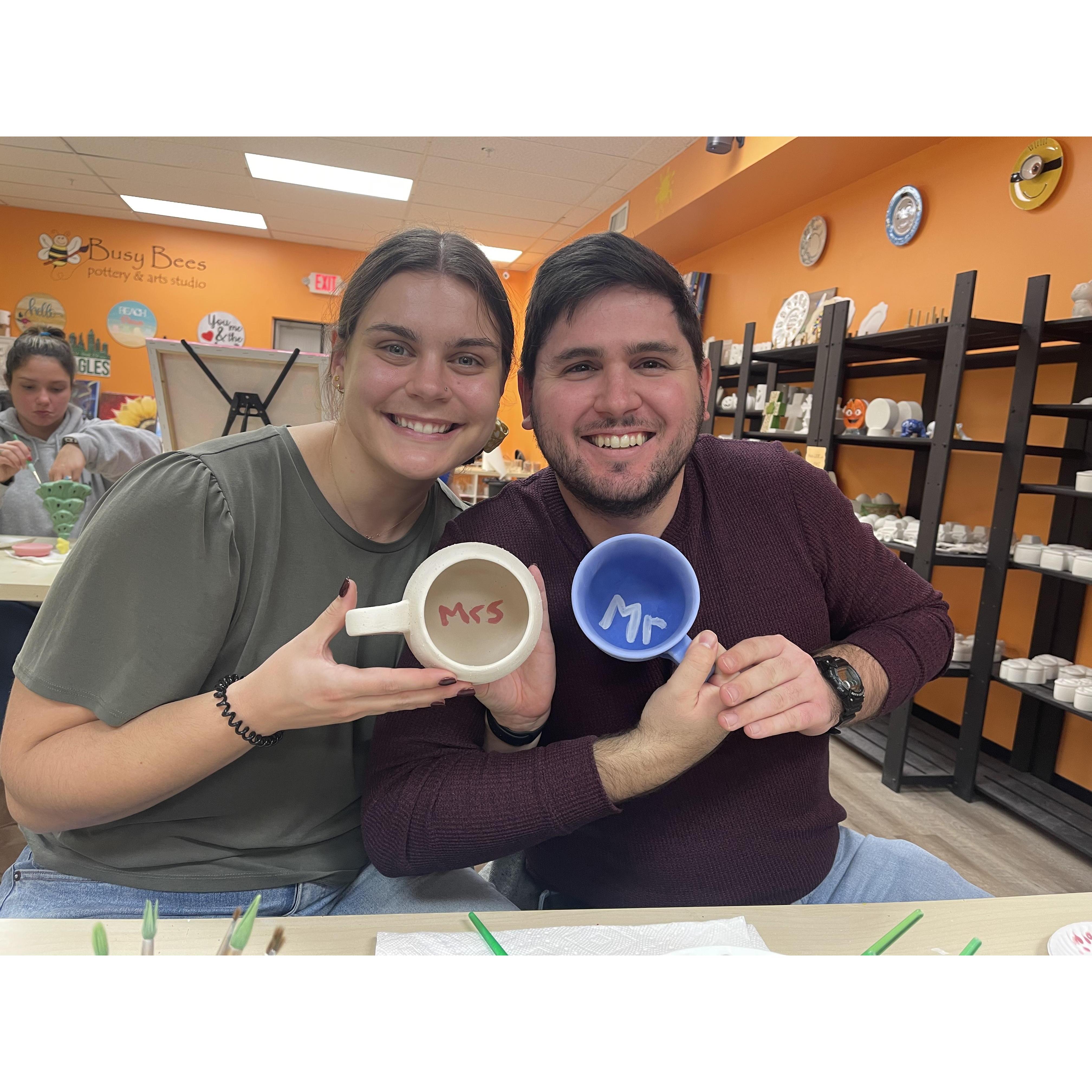 Ceramics painting class with Ann Marie and Matt, we made each other these mugs as a Christmas gift for our first Christmas engaged. 2021.