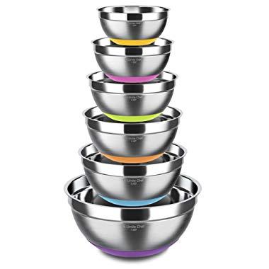 Stainless Steel Mixing Bowls Set of 6, Non Slip Colorful Silicone Bottom Nesting Storage Bowls by Umite Chef, Polished Mirror Finish For Healthy Meal Mixing and Beating (1,1.5, 2.0, 2.5, 3.5, 7 QT)