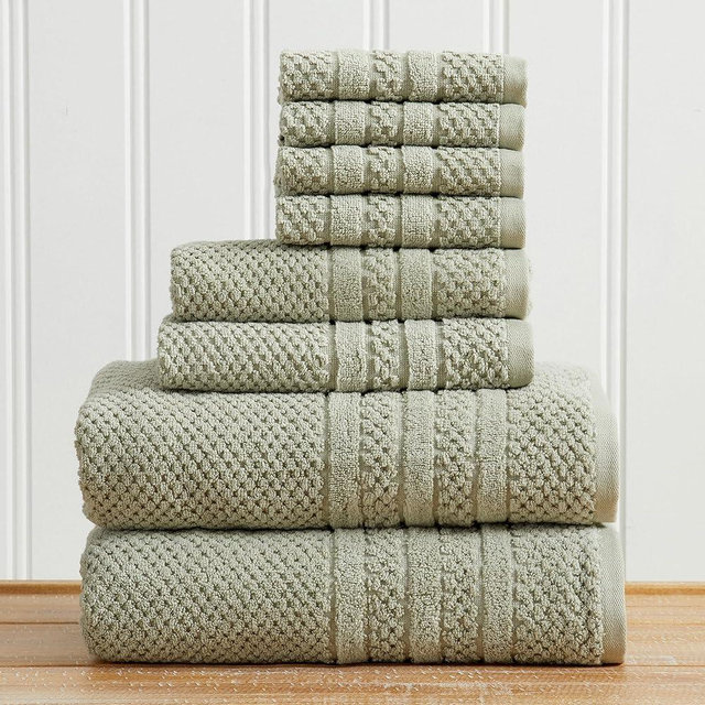 Great Bay Home 100% Cotton 8 Piece Towel Set - Absorbent, Quick-Drying, Checkered Jacquard Bath Towels for Bathroom - Zero-Twist Fibers (Eucalyptus)