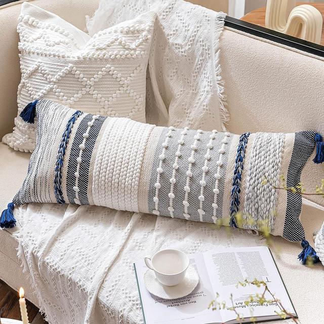 BlissBlush Navy Dark Blue Decorative Lumbar Pillow Cover 14x36, Boho Long Body Pillow for Bed, Accent Lumbar Throw Pillow for Couch, Modern FarmhouseTextured Pillowcase (Cover ONLY)