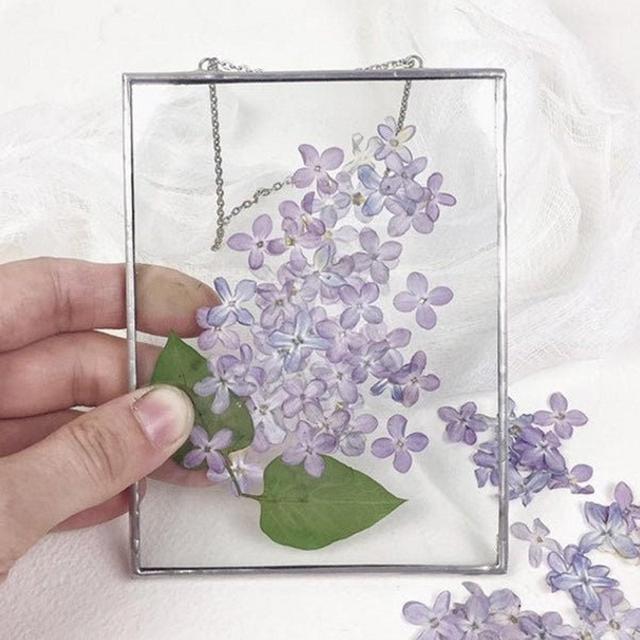 Pressed flower frame - stained glass panel with pressed lilac inside double glass floating frame