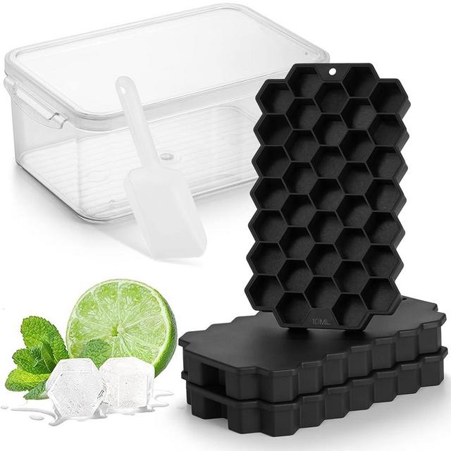 ACOOKEE 3 Pack Silicone Ice Cube Trays for Freezer with Lid and Bin, 111Pcs Hexagonal Fun Shapes Cubes Stackable Small Ice Cube Molds with Ice Bucket for Whiskey, Cocktail, Coffee, Soup, Baby Food