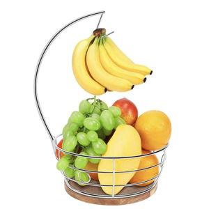 Countertop Fruit Basket Bowl with Banana Hanger, Modern Standing Fruit Vegetable Bowl Storage, with Banana Tree Holder for Kitchen Dinning Table (Round Wood, Chrome)