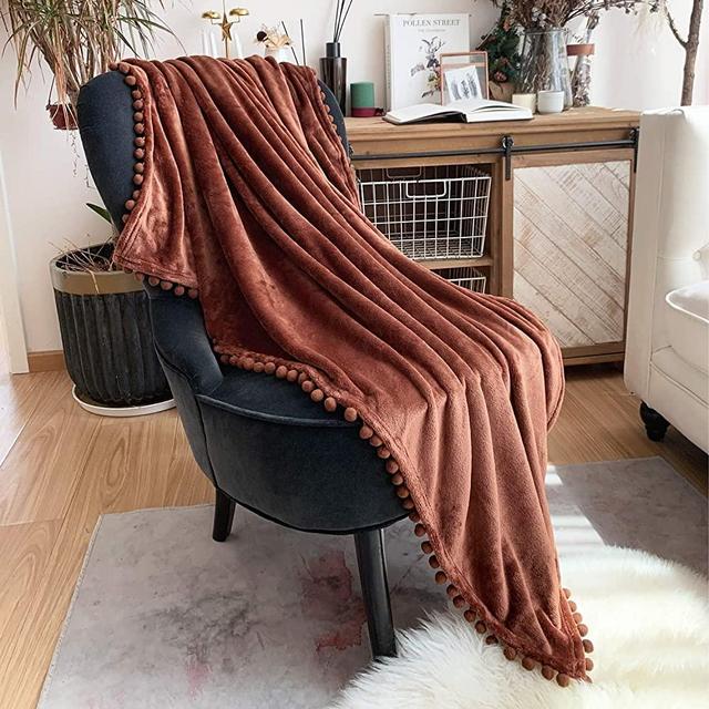 LOMAO Flannel Blanket with Pompom Fringe Lightweight Cozy Bed Blanket Soft Throw Blanket fit Couch Sofa Suitable for All Season (51x63) (Brown, 51''x 63'')