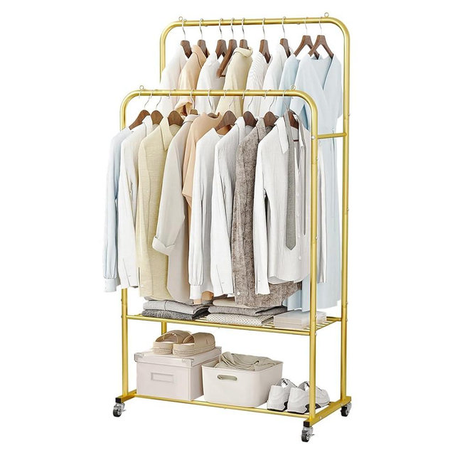 SUOERNUO Clothes Rack with Wheels Garment Rack for Hanging Heavy-Duty Clothing Rack Metal Rolling Clothes Shelves for Bedroom, Closet (Golden)