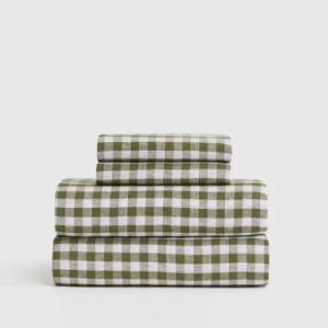 Olive European Linen Gingham King Sheet Set - Without Flat Sheet