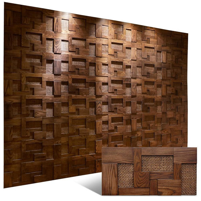 DQQ 3D Walnut-Colored White Oak Solid Wood and Rattan Wall Panel Decoration. Interior Wood Grain Decoration. Natural Wood Color. Textures for Interior Design.