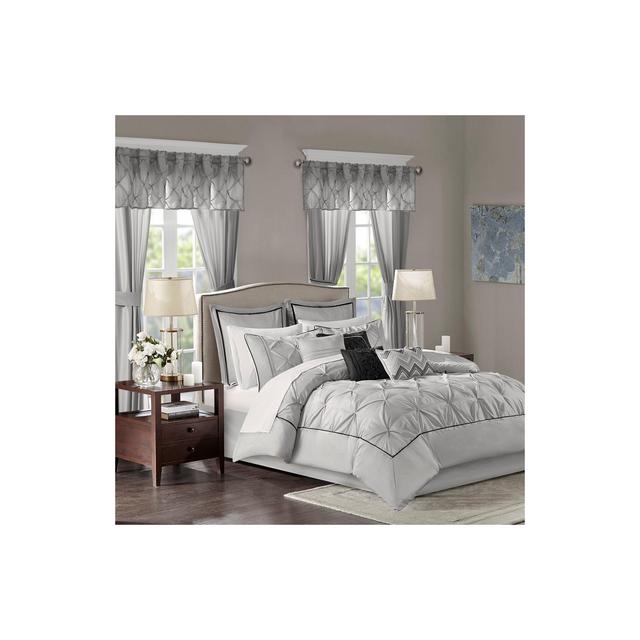 Essentials Room in a Bag Faux Silk Comforter Set - Luxe Diamond Tufting All Season Bedding, Matching Curtains, Decorative Pillows,Queen,Grey