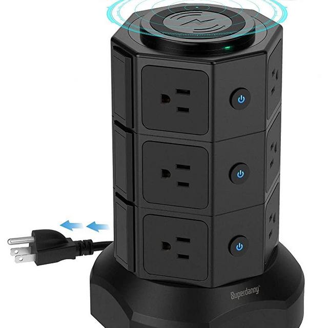 Power Strip Tower with 15W Magnetic Wireless Charger, SUPERDANNY 1050J Surge Protector Tower 13A Charging Station with 12 AC Outlets & 6 USB Ports, 6.5ft Extension Cord for Home Office, Black