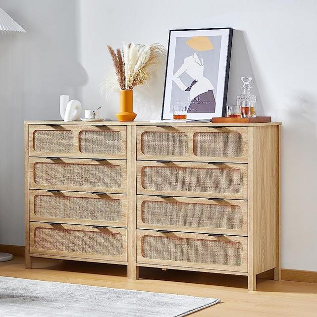 QEIUZON 4 Drawer Dresser, Modern Rattan Dresser Chest with Wide Drawers and Metal Handles, Farmhouse Wood Storage Chest of Drawers for Bedroom, Living Room, Hallway, Entryway (Natural-2 Packs)