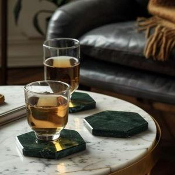 Marble Coasters for Drinks with Metal Stand (Set of 6pcs) (Hexagonal, Emerald Green)