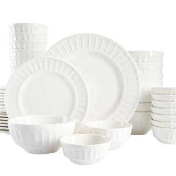 Porcelain Ceramic Dinnerware Sets for 8, Plates and Bowls Set (40pcs), White Embossed Dishes